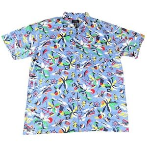 Polo Ralph Lauren Bear Print Sleepwear Shirt Mens L Blue Hawaiian Button Up